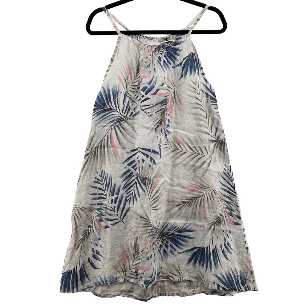 Lungo L'Arno 100% Linen Tropical Palm Print L Halter Dress Made in Italy Resort